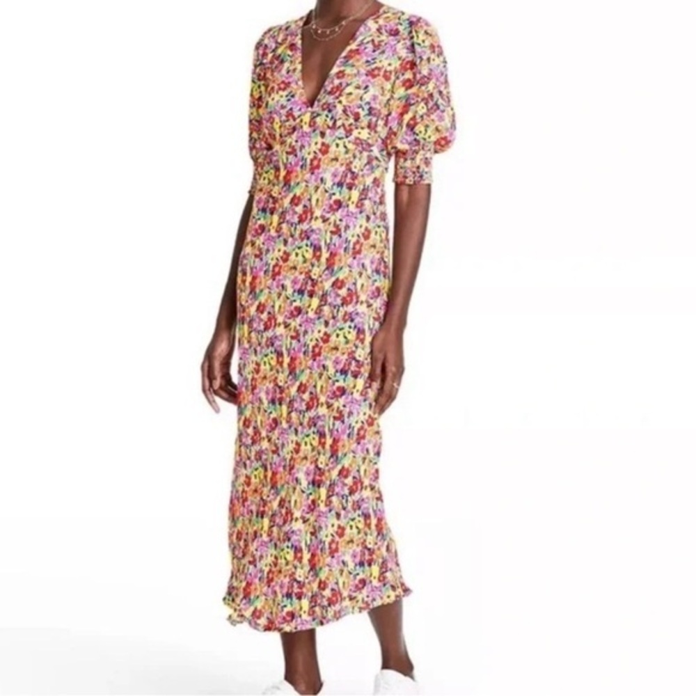 RIXO Multicolor Floral Puff Sleeve Midi Dress Size 0